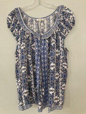 Max Studio Womens Floral Print Blue & White Sleeveless Peasant Blouse Size S